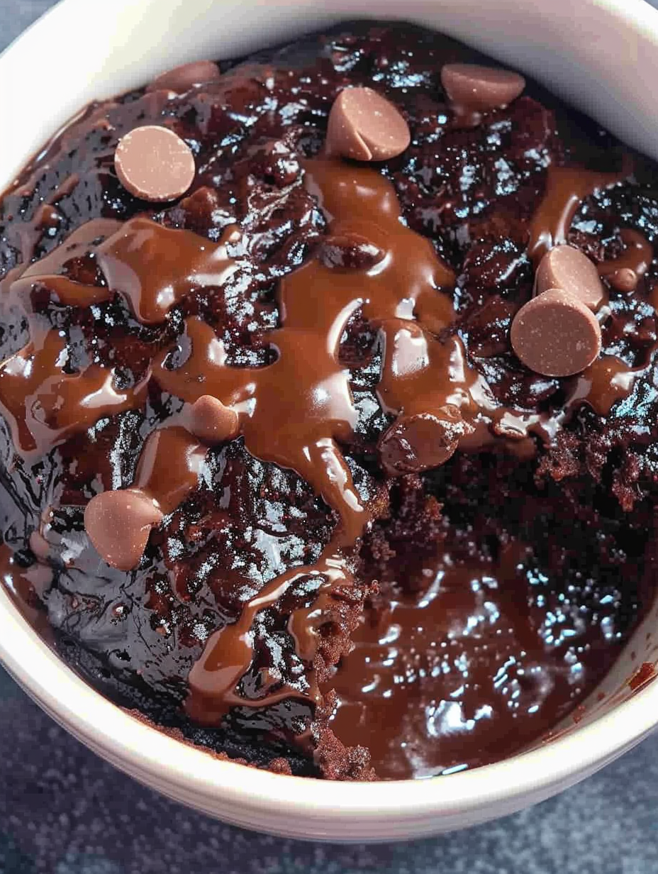 Healthy chocolate mug cake in a mug with melted chocolate