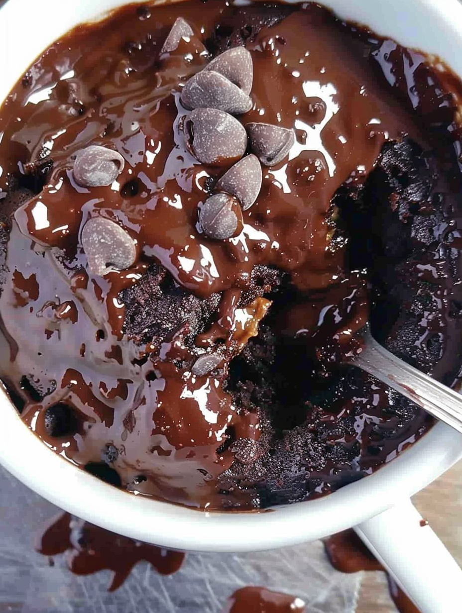 Close up of fudgy chocolate mug cake with chips