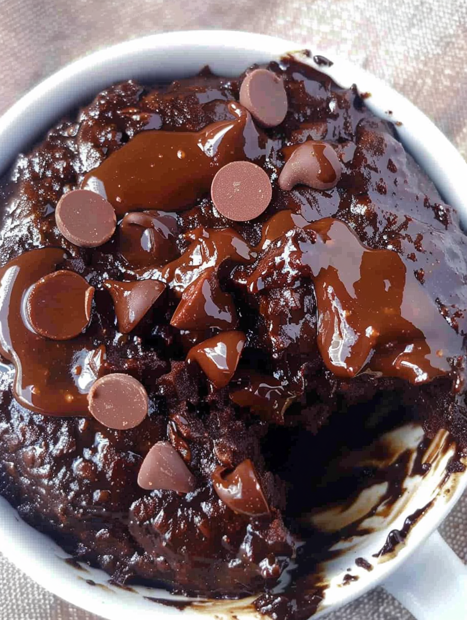 Chocolate fudge mug cake in a ceramic mug