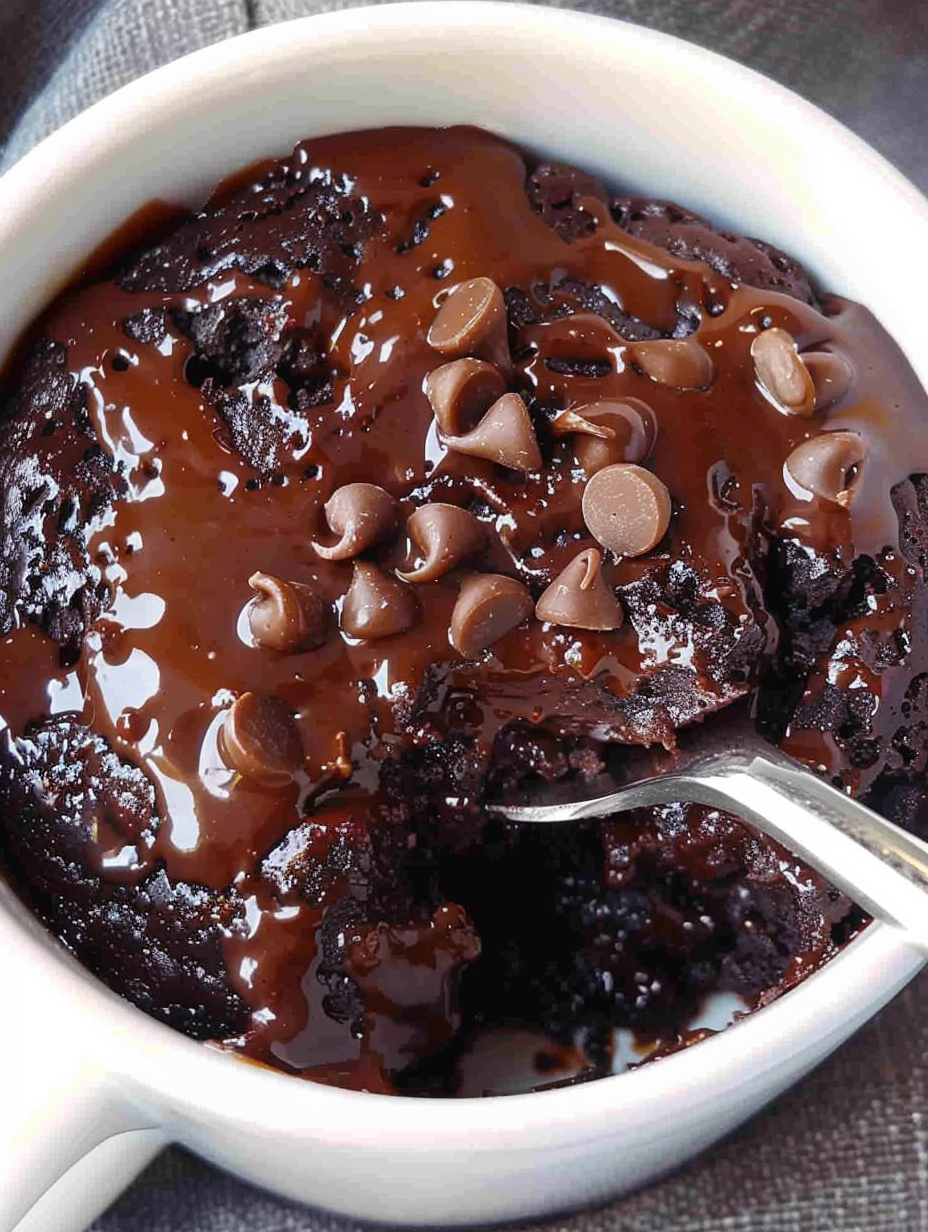 Top view of chocolate mug cake with chocolate chips