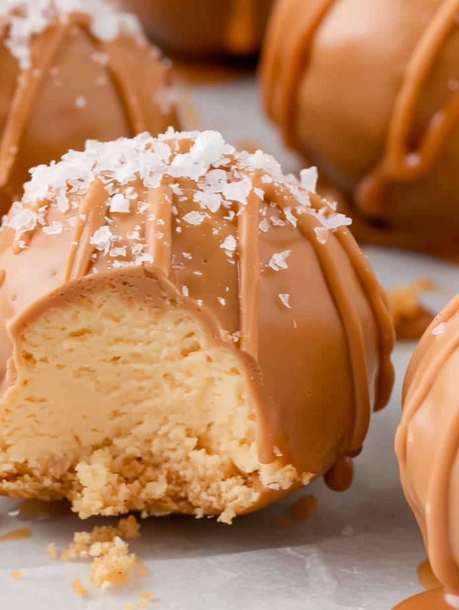 Close-up of a single caramel cheesecake bite