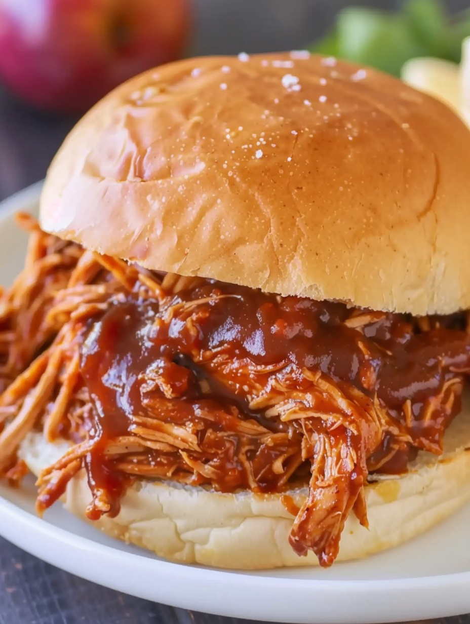 Slow cooker pulled chicken in a bowl with barbecue sauce
