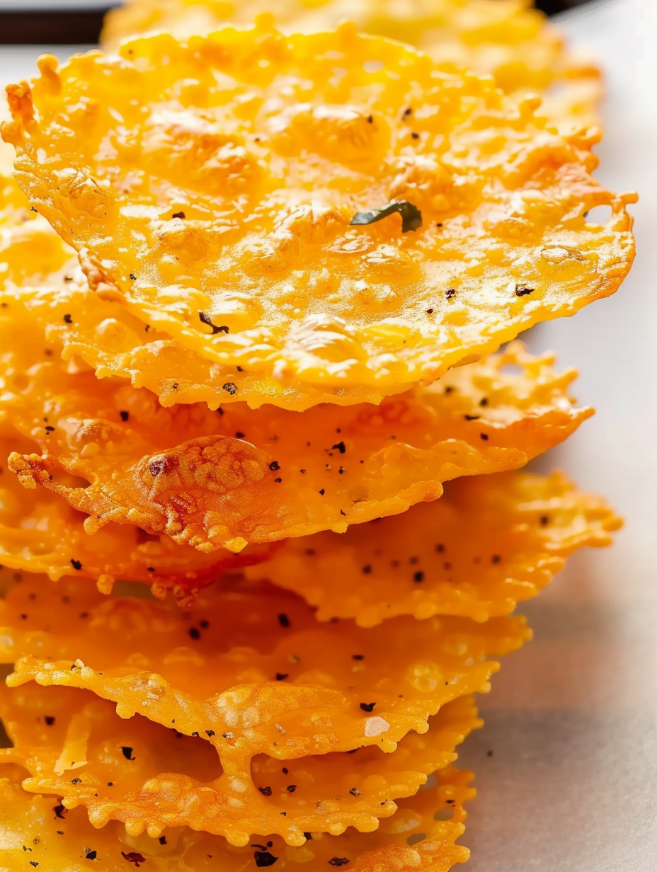 Stack of baked cheese crisps on cutting board