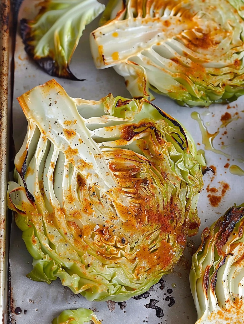 Finished cabbage steaks plated with seasoning and herbs