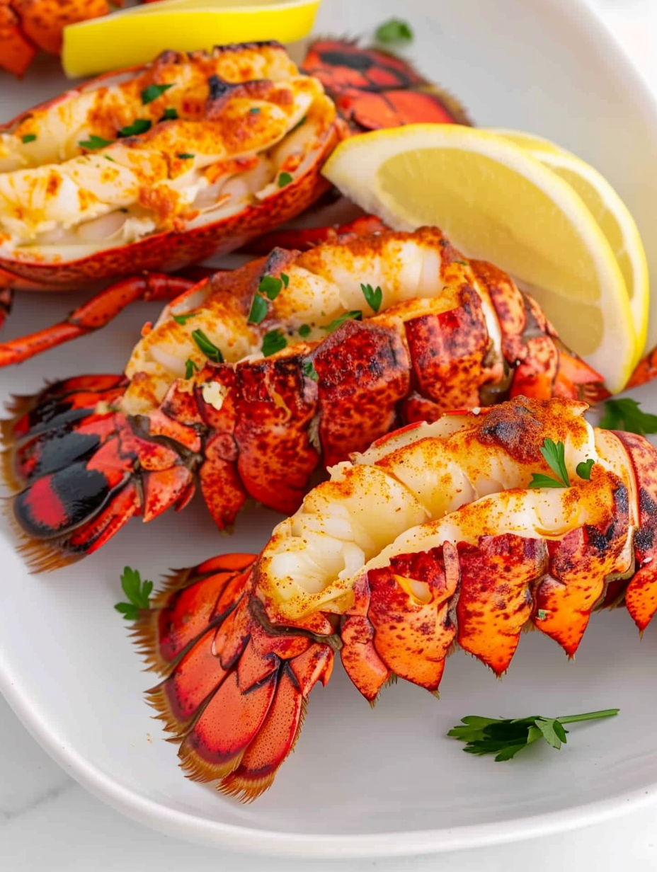 Plated air fried lobster tails with lemon and parsley