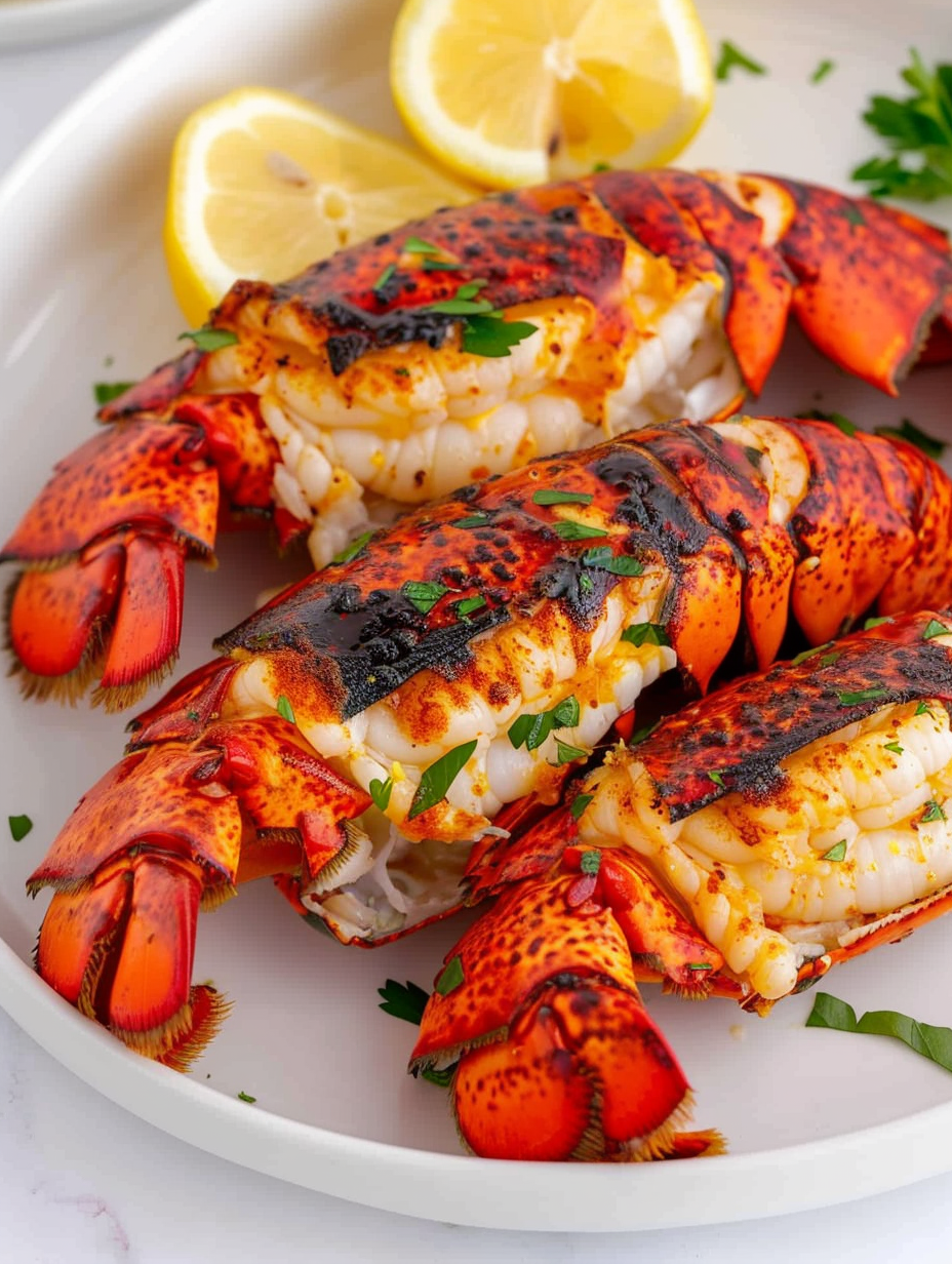 Air fried lobster tails prepped on shells