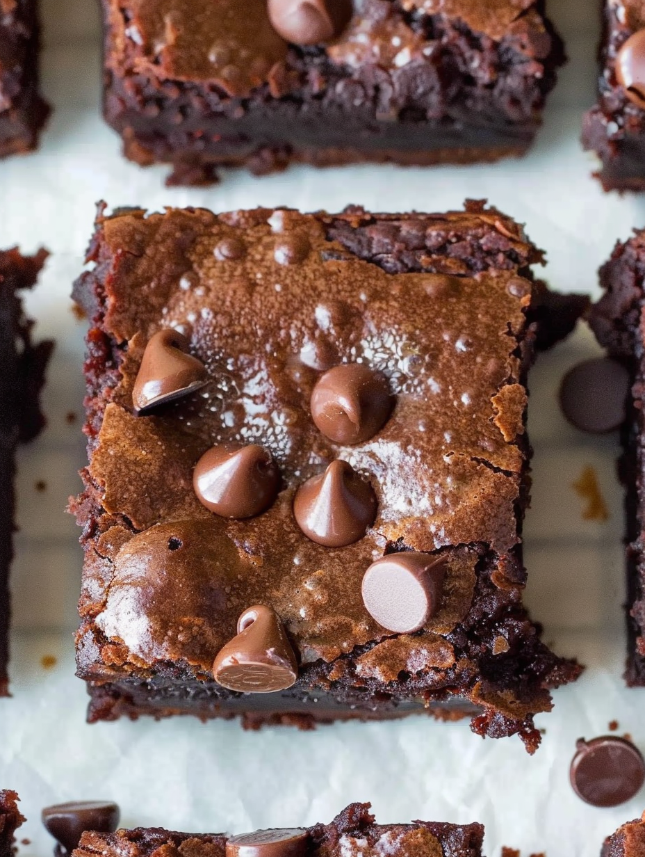 Gluten-free almond flour brownies in an 8x8 pan with chocolate chips