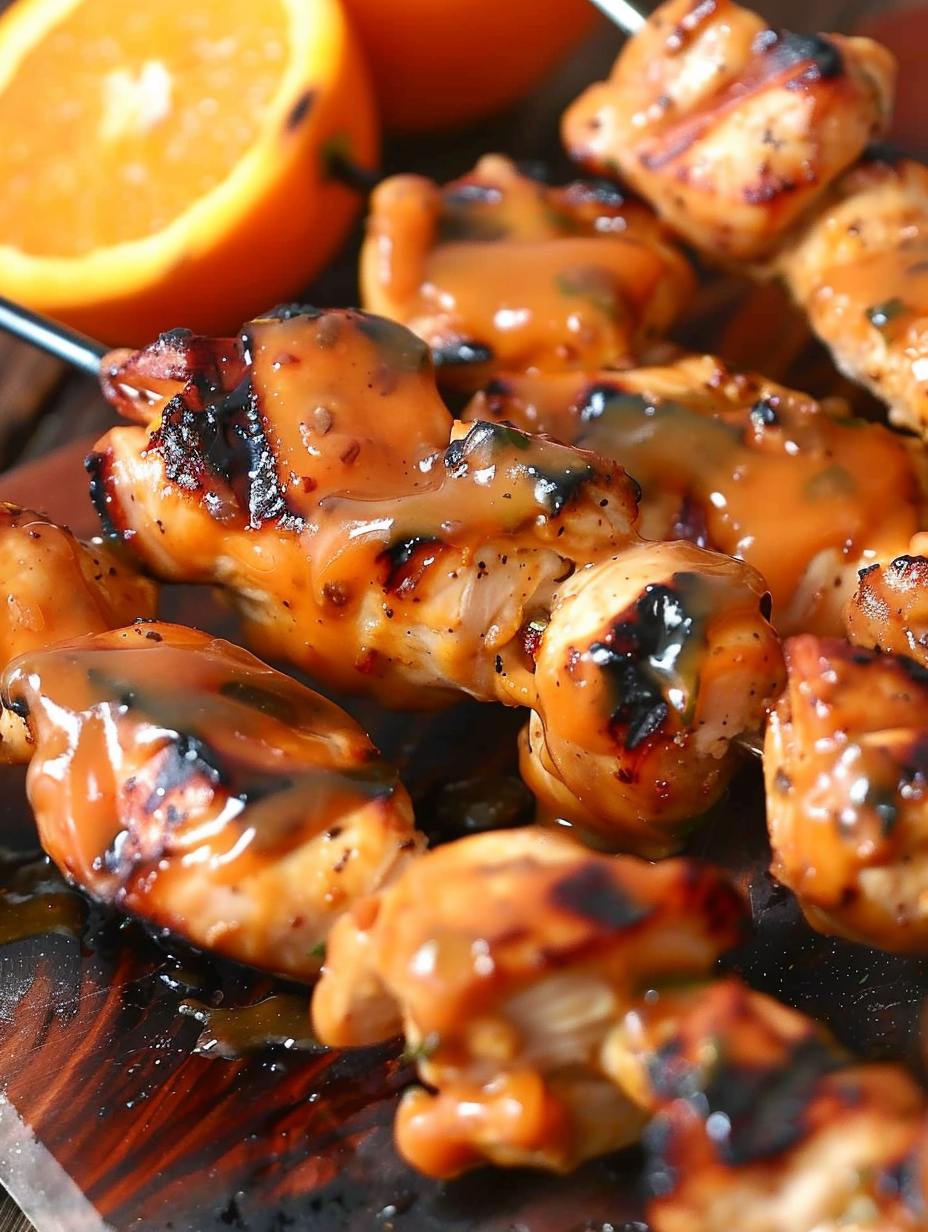 Close-up of glazed orange chicken being brushed with sauce