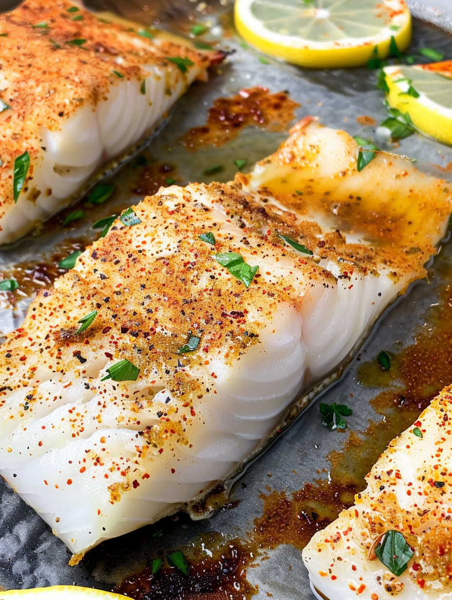 Baked cod fillets on a parchment-lined pan