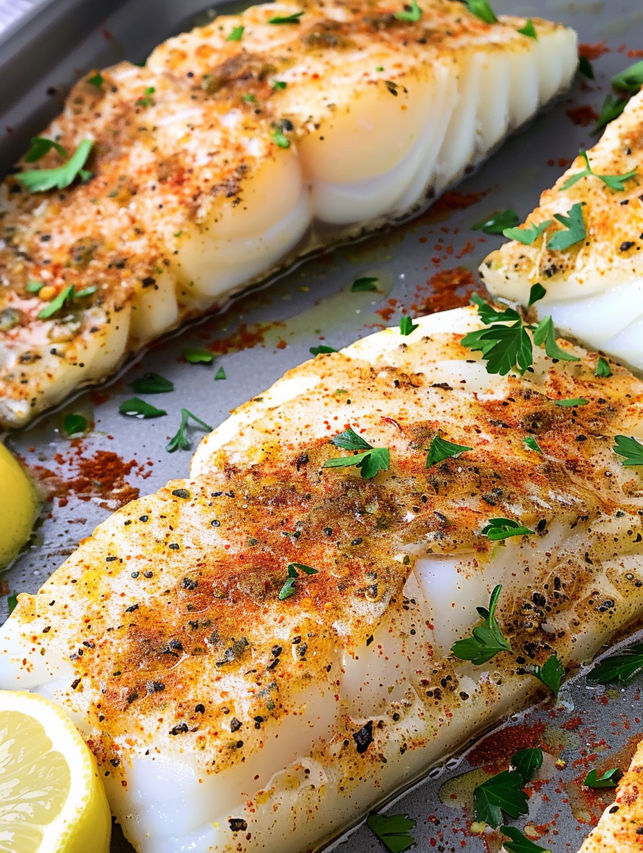 Plated cod with lemon wedges and parsley garnish