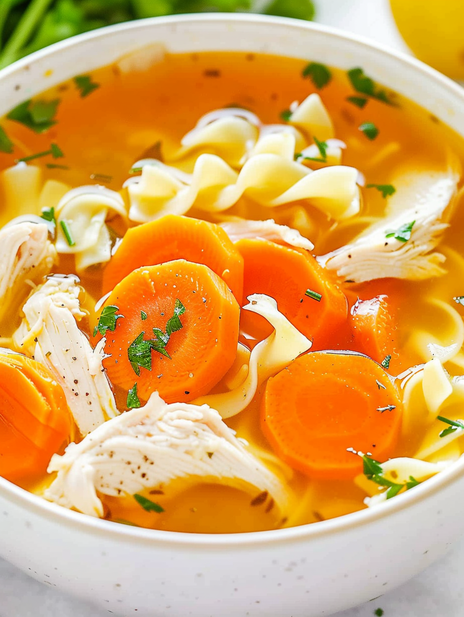 Slow cooker chicken noodle soup simmering in crock pot