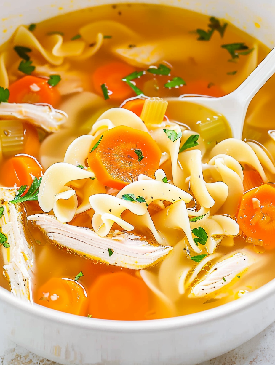 Bowl of chicken noodle soup with parsley garnish