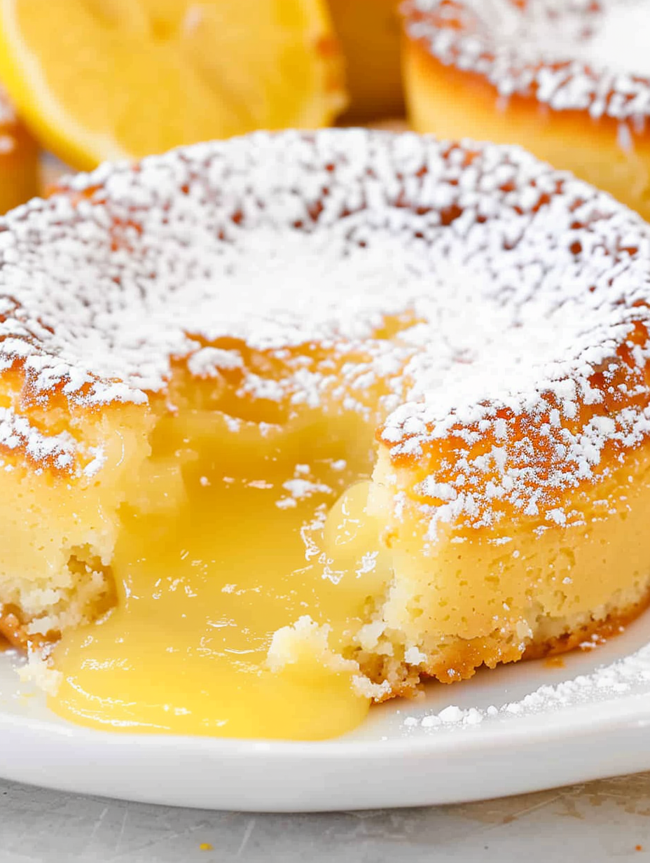 Two lemon lava cakes dusted with powdered sugar
