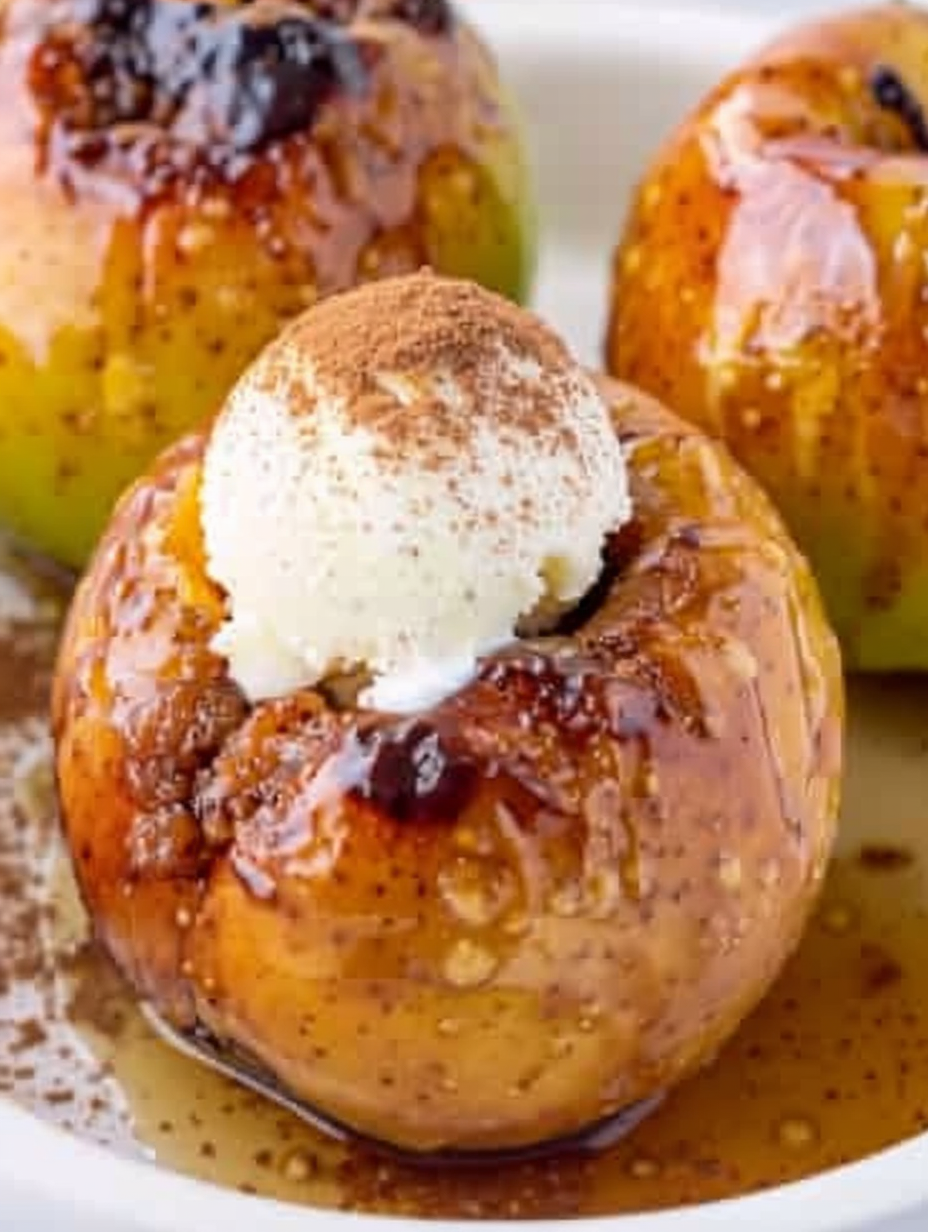 Four baked apples in a baking dish, caramelized and ready to serve