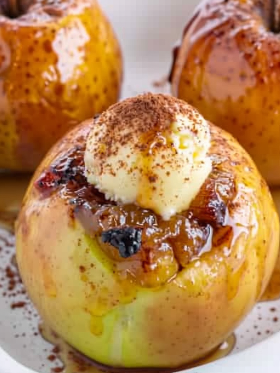 A single baked apple plated with vanilla ice cream and a drizzle of caramel