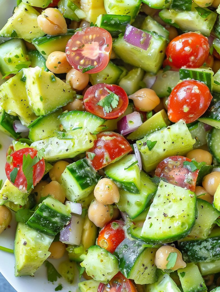 Close up of avocado and chickpeas in cucumber salad
