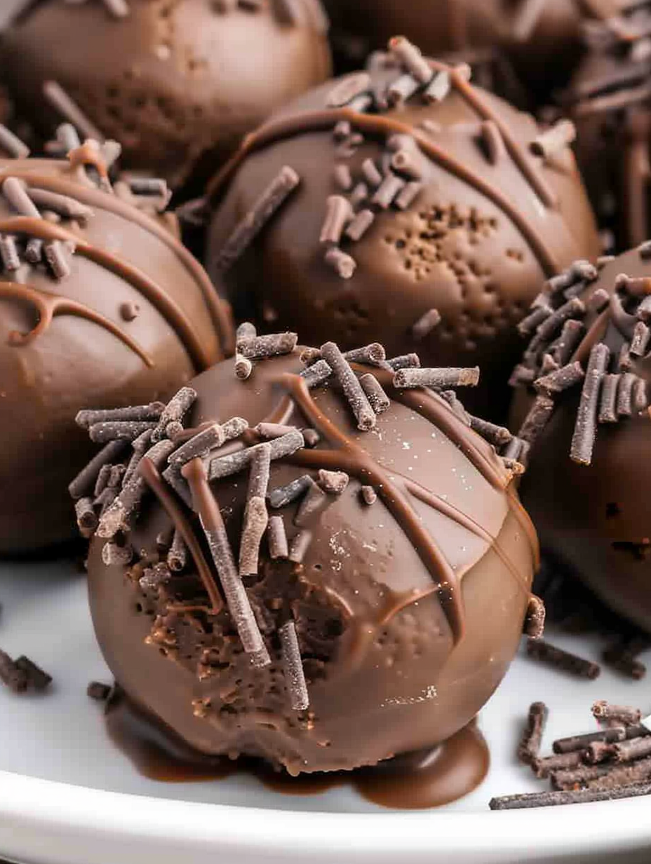 Close-up of chocolate coated cheesecake bite