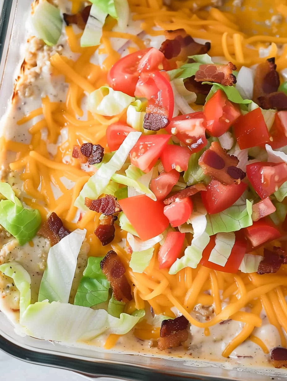 BLT dip spread in serving dish with toppings