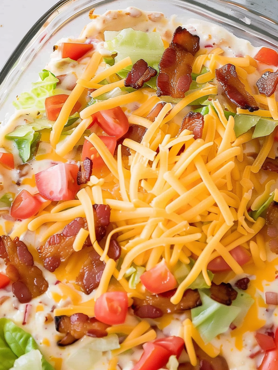 Close up of BLT dip showing bacon and tomatoes