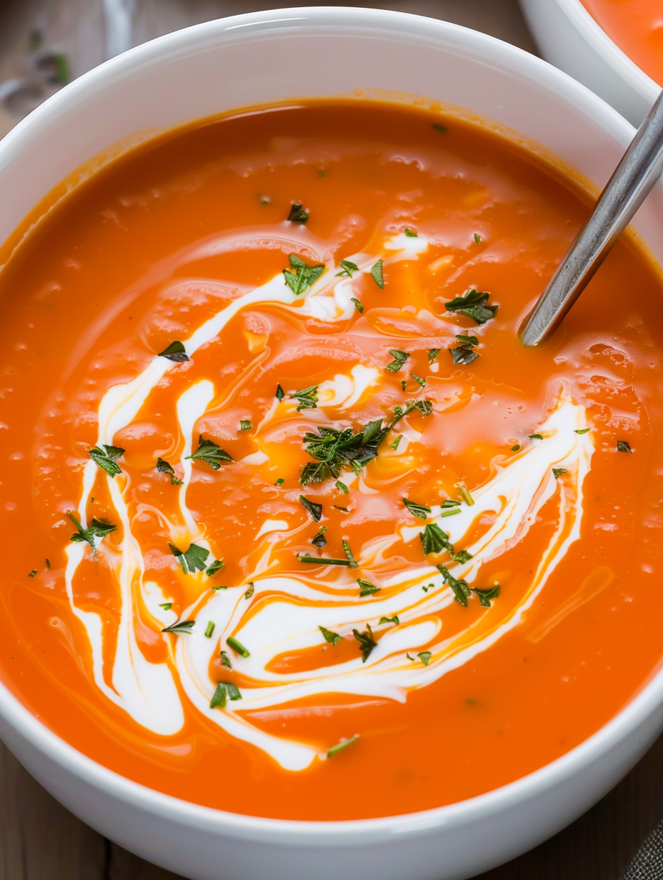 Creamy tomato soup in a white bowl with parsley