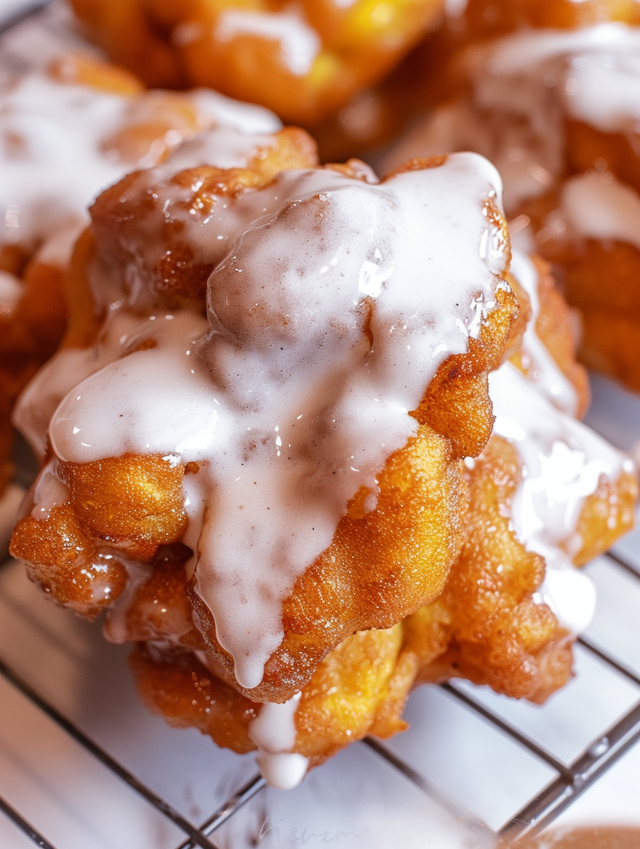 Golden apple fritters cooling on a rack