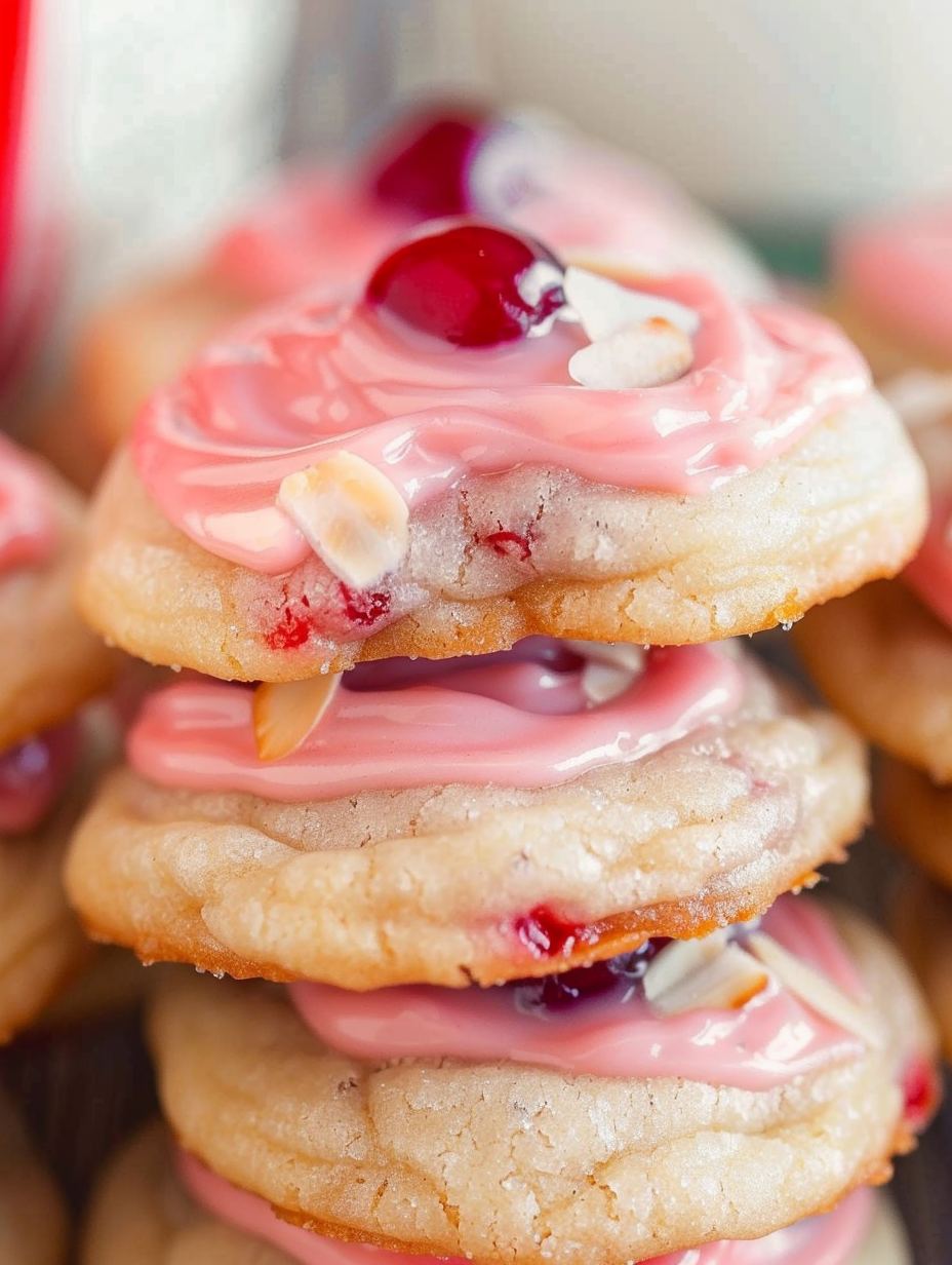 Cherry Almond Amish Sugar Cookies with icing and slivered almonds
