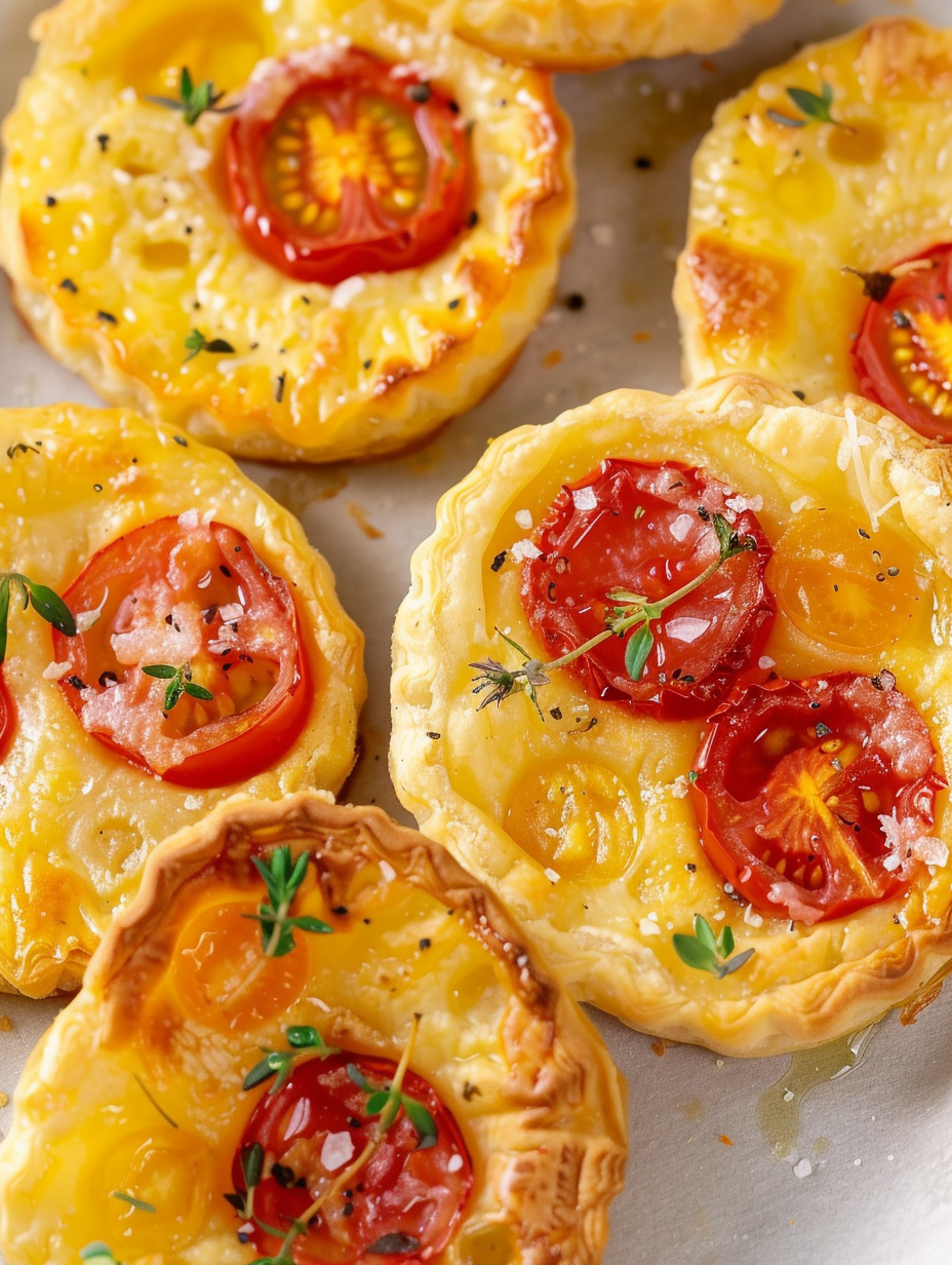 Golden puff pastry tart flipped to reveal roasted tomato top