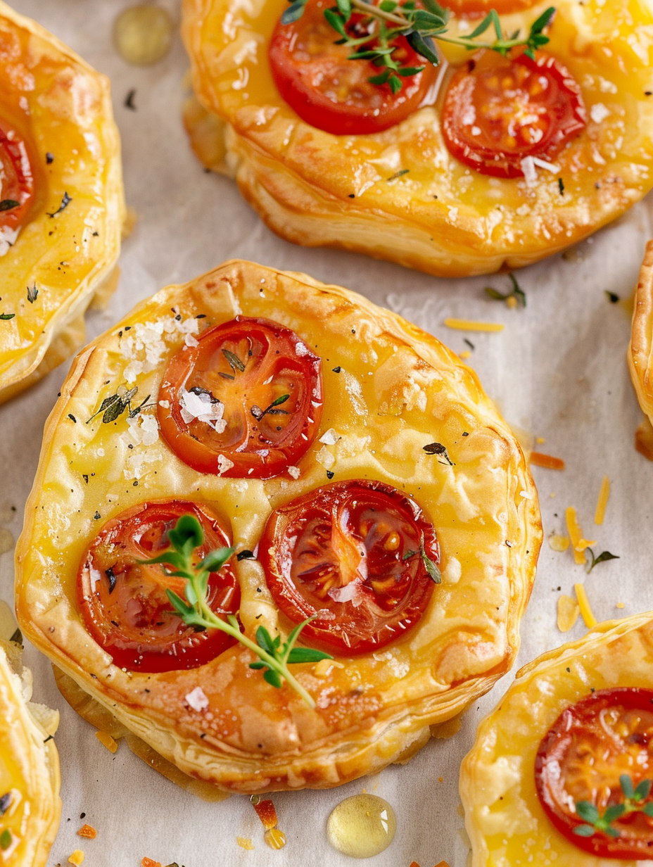 Cherry tomatoes arranged on baking sheet before covering with pastry