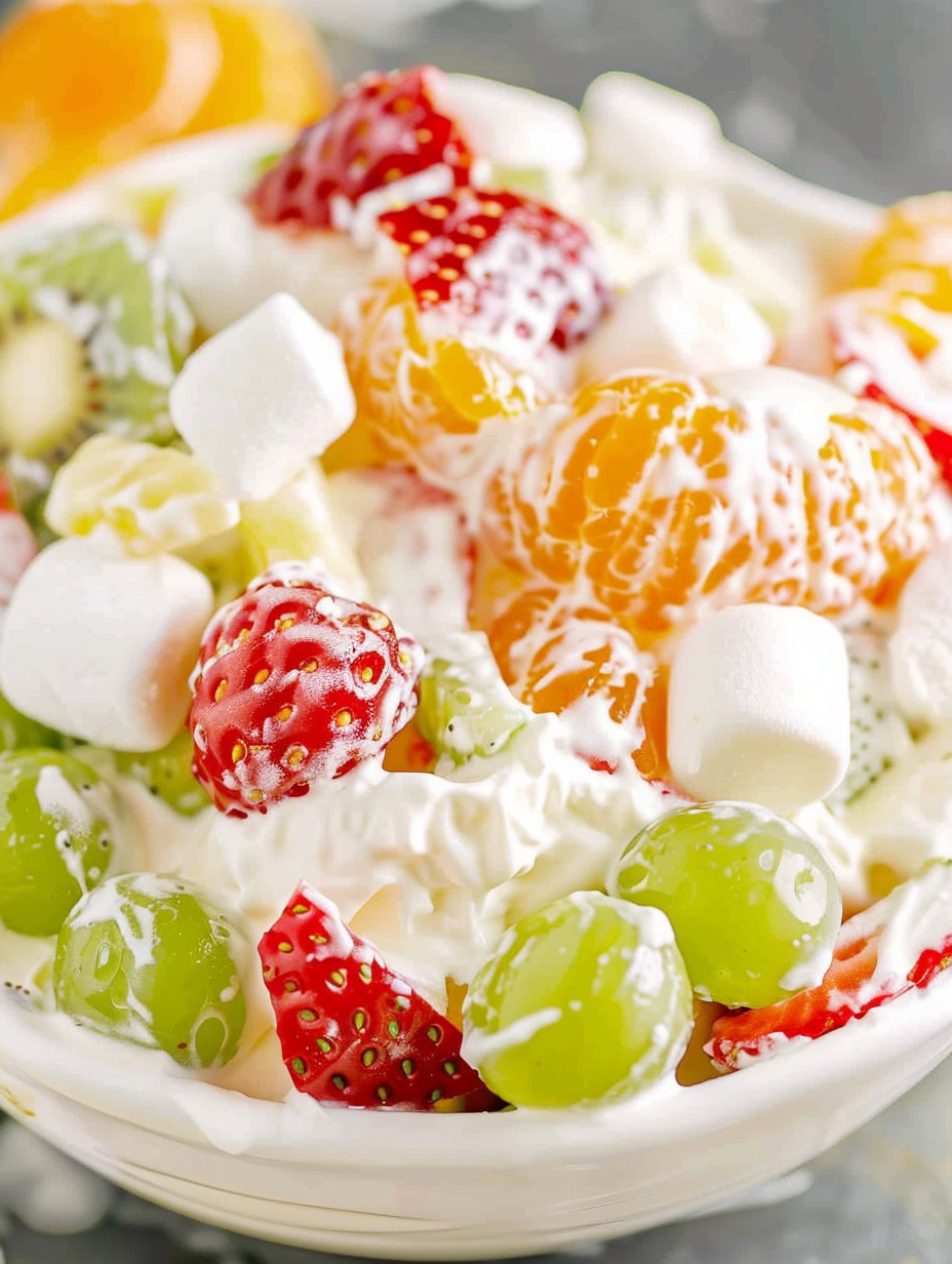 Close-up of creamy fruit salad showing marshmallows and fruit bits