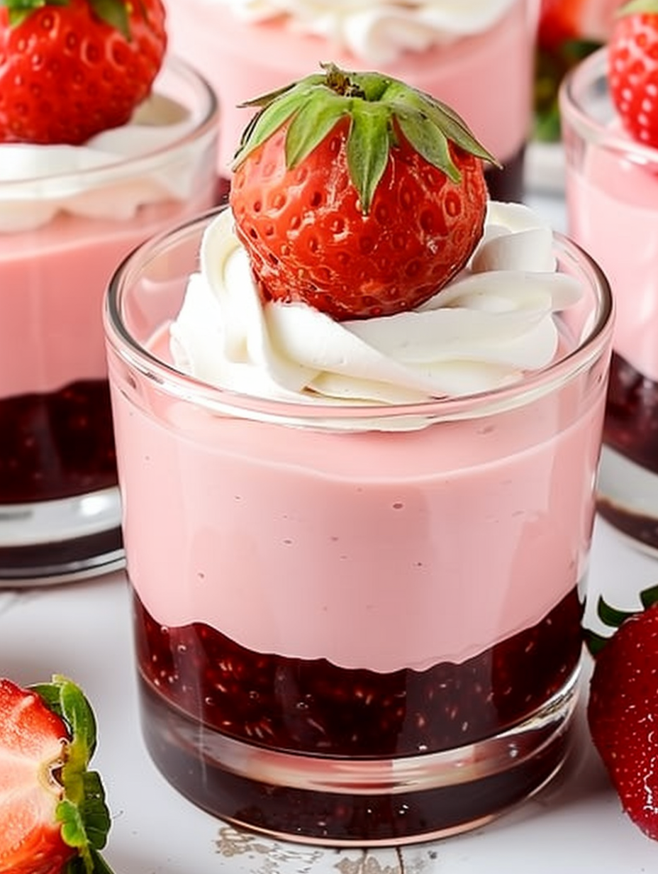 Close-up of strawberry garnish on mousse