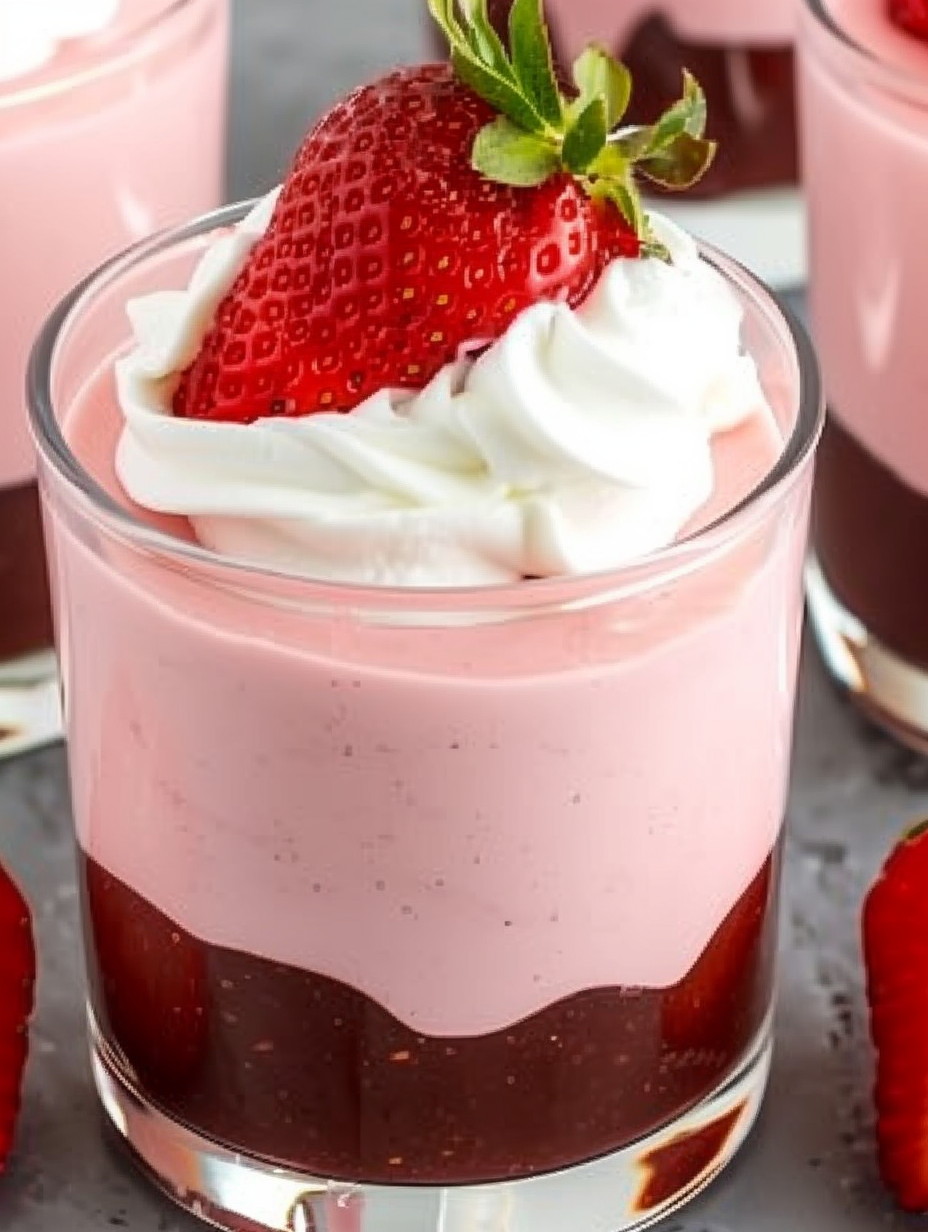 Strawberry mousse layered in glasses with preserves