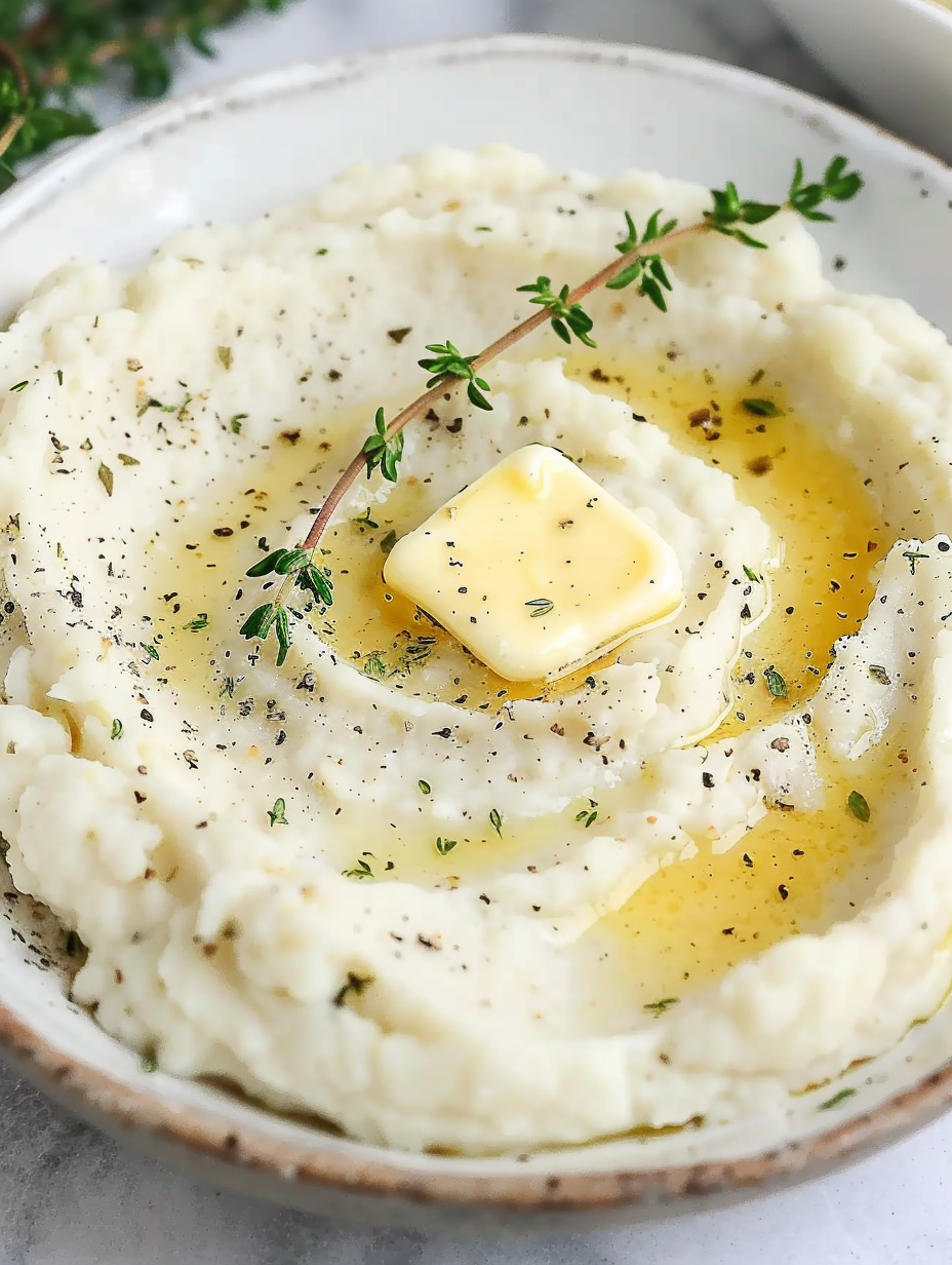 Mashed cauliflower in a serving bowl topped with roasted garlic butter