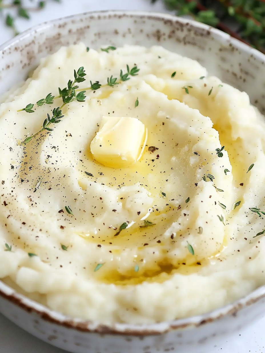 Close up of creamy cauliflower mash garnished with thyme