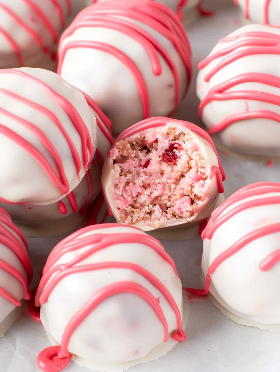 Strawberry Shortcake Oreo Balls on parchment