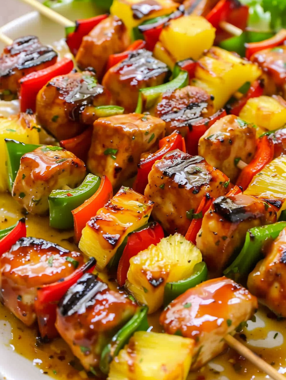 Close up of glazed kabob with pineapple and peppers