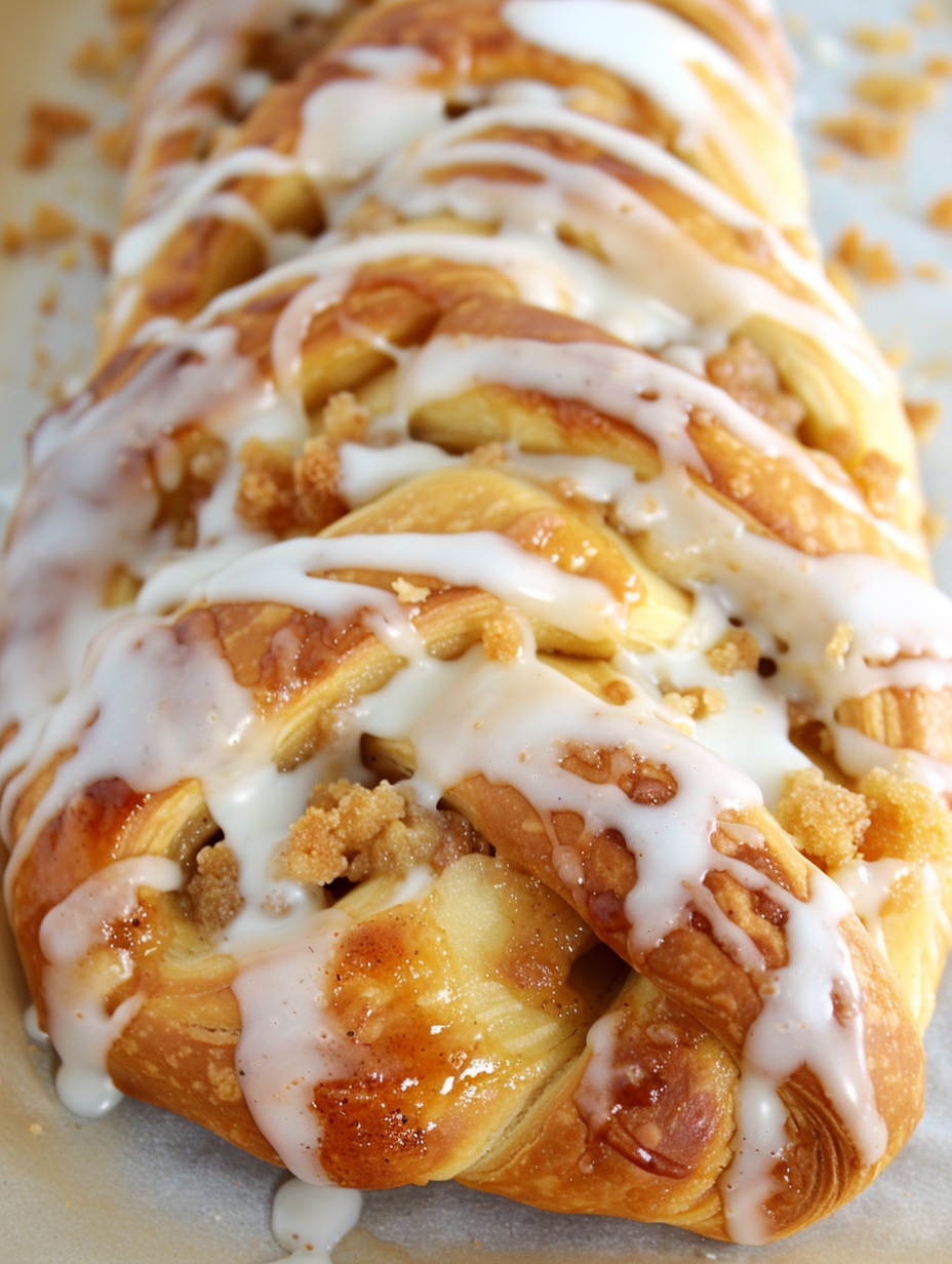 Golden apple braid with cream cheese filling on a parchment-lined sheet pan