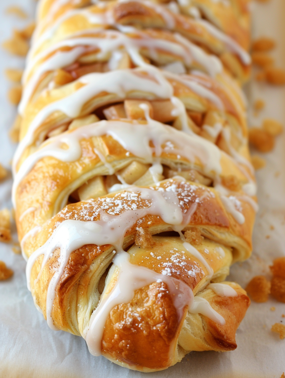 Close-up of apple slices and cream cheese filling inside a braided pastry