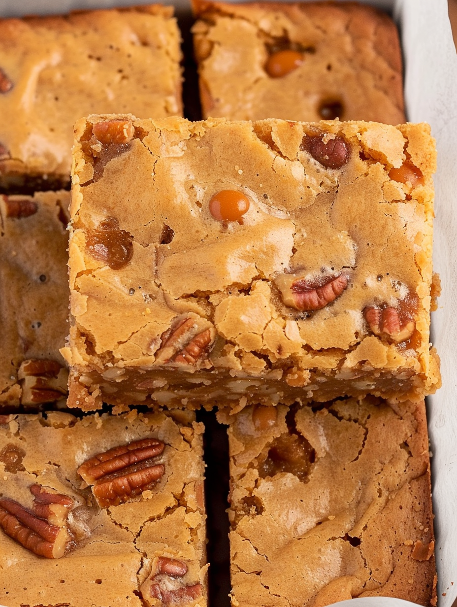 Tray of golden butterscotch brownies with pecans