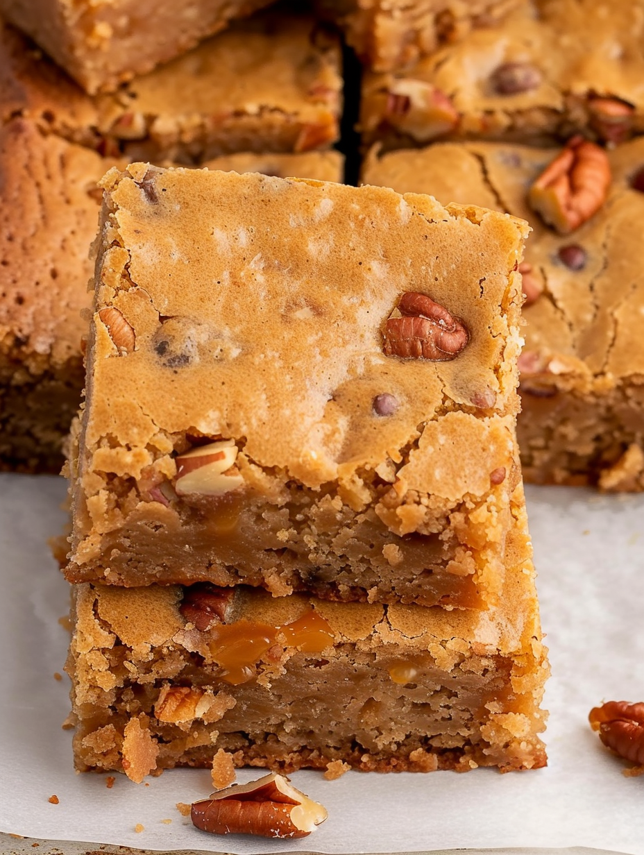 Close up of a single butterscotch brownie square with pecan pieces