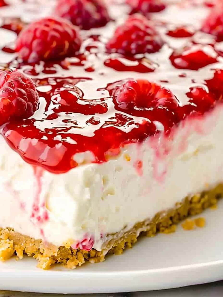 No Bake Raspberry Cheesecake on serving plate