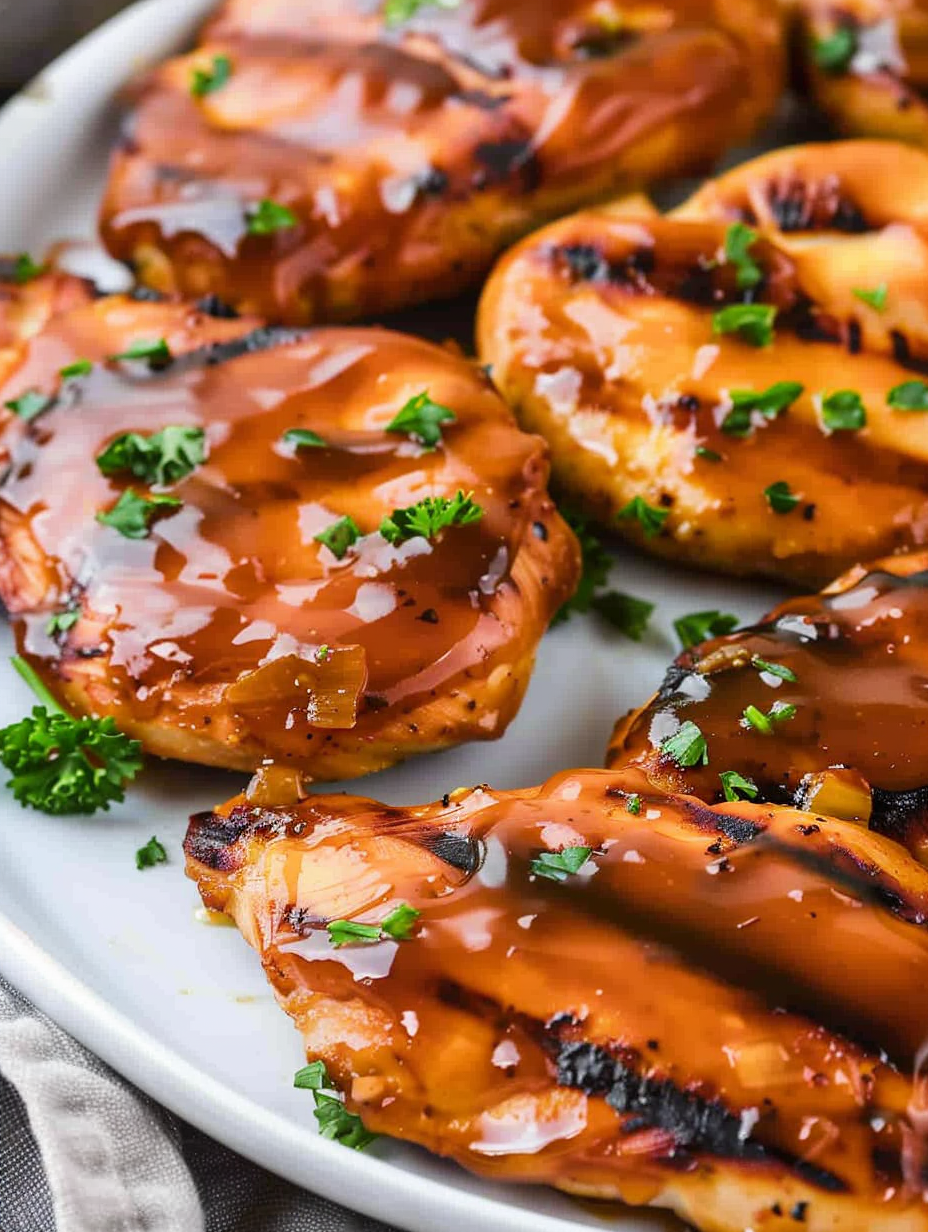 Close-up of glazed grilled chicken with herbs