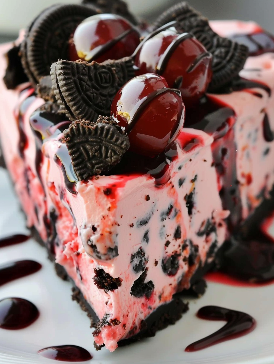 Slice of Oreo cherry chocolate chip no-bake cheesecake