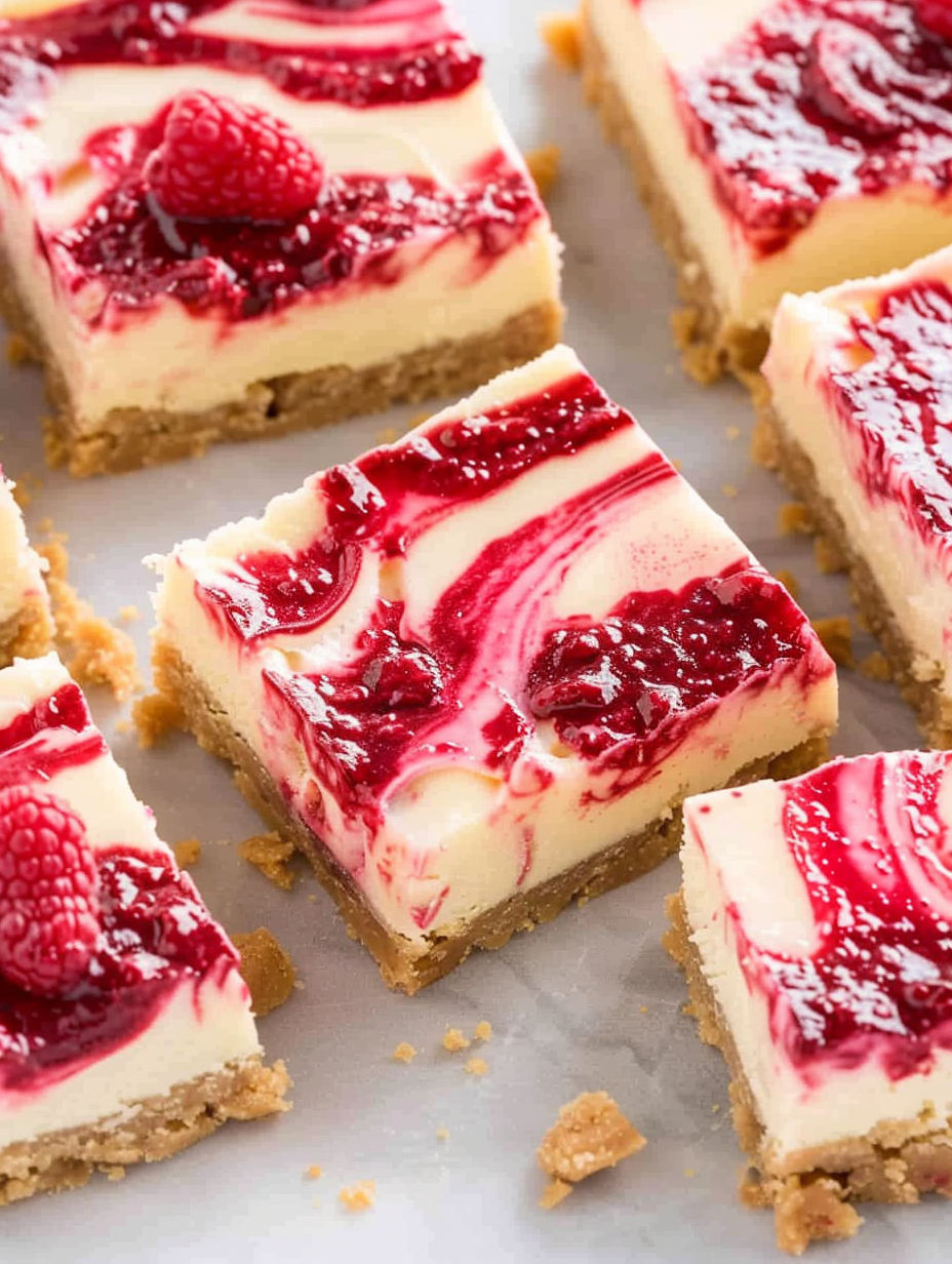 Raspberry Swirl Cheesecake Bars on a cooling rack