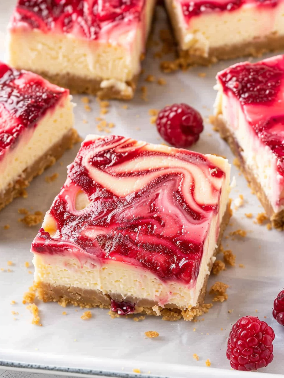 Close-up of raspberry swirl on cheesecake bar