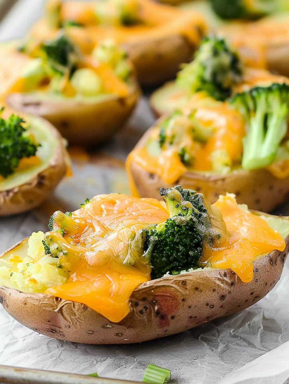 Broccoli and Cheddar Potato Skins on a baking sheet
