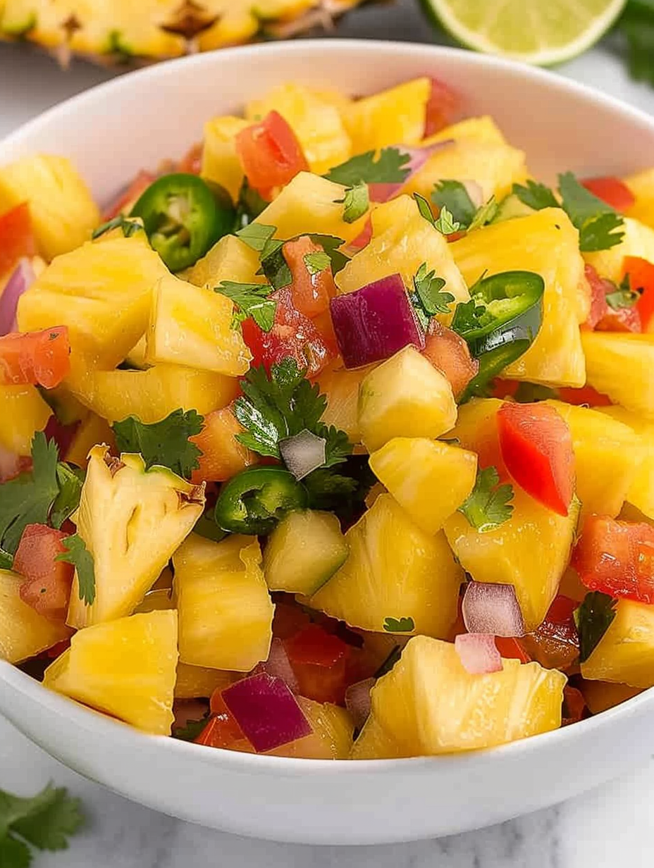 Close-up of diced mango and pineapple with jalapeño and lime
