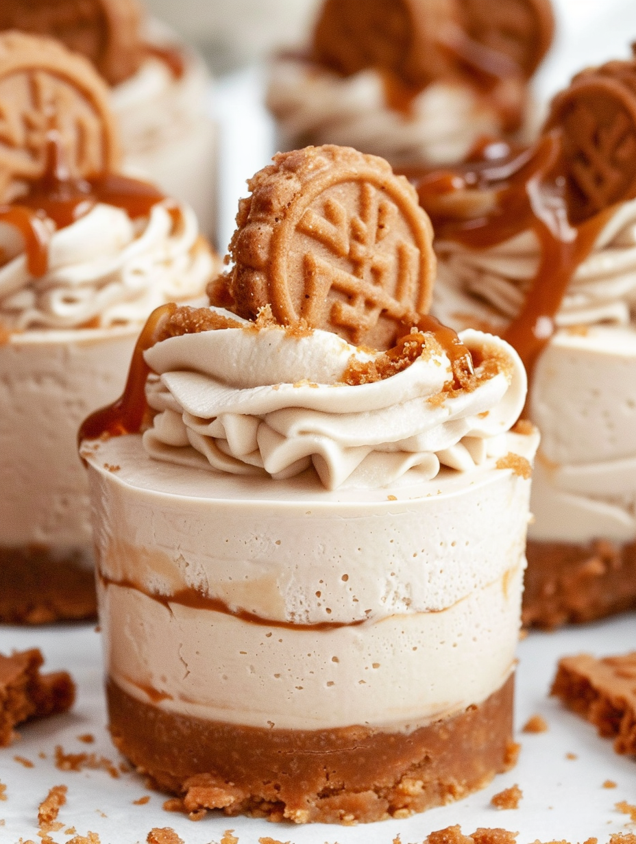 Close-up of a mini Biscoff cheesecake topped with piped cream and biscuit