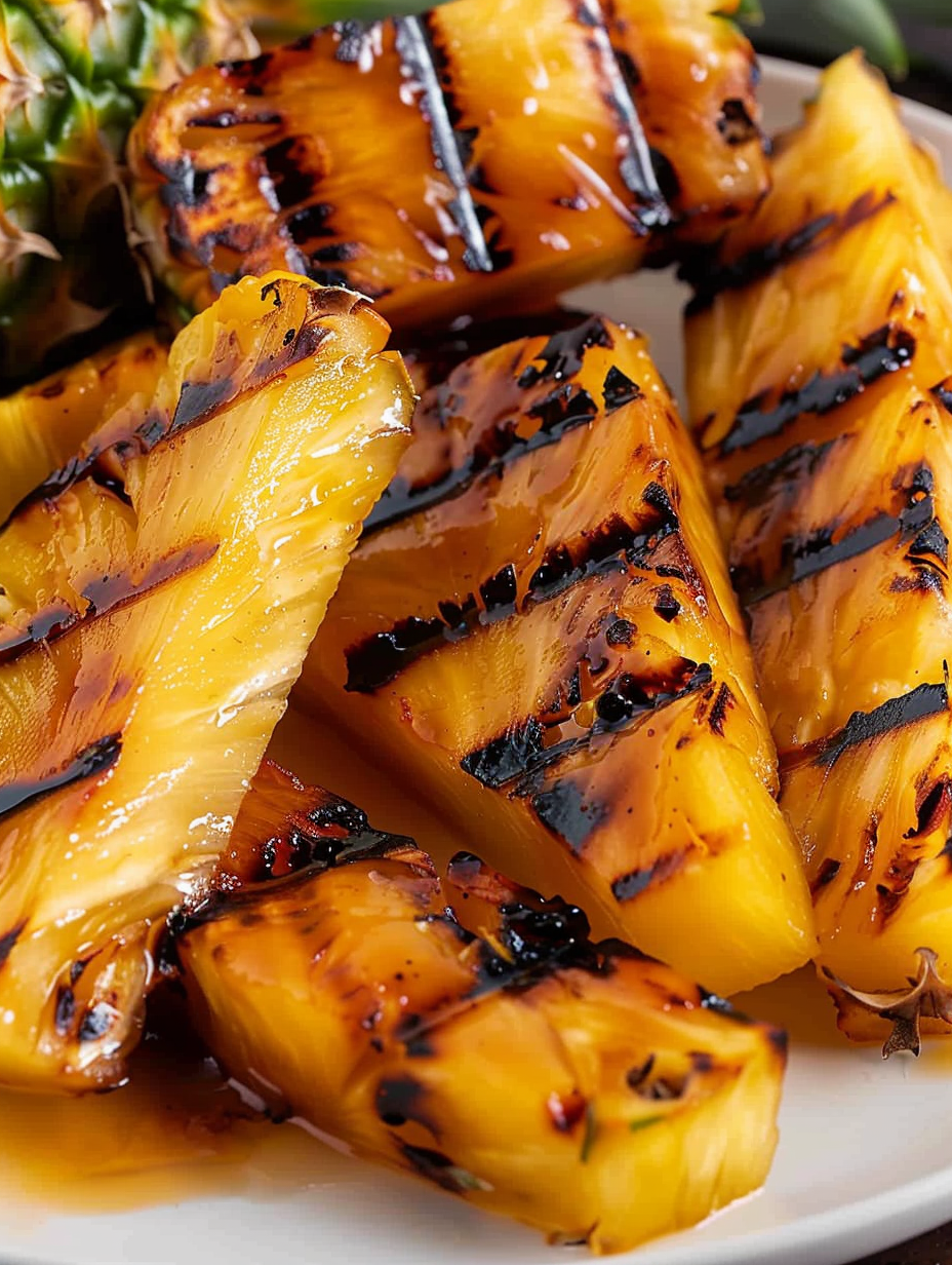 Grilled pineapple spears with brown sugar glaze on a platter