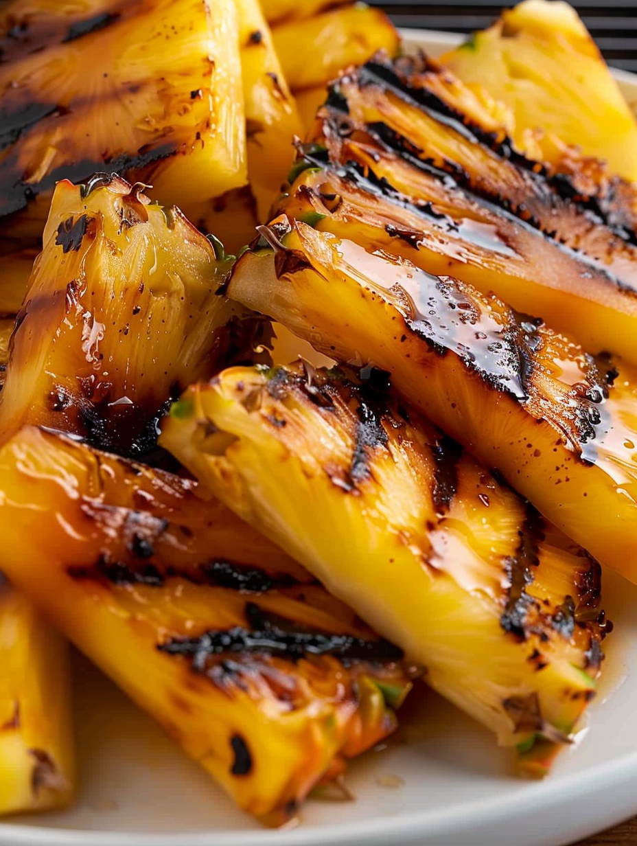 Close-up of brown sugar glazed grilled pineapple on a fork
