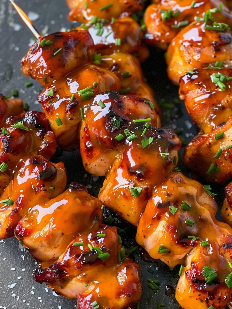 Grilled hot honey chicken skewers on a platter